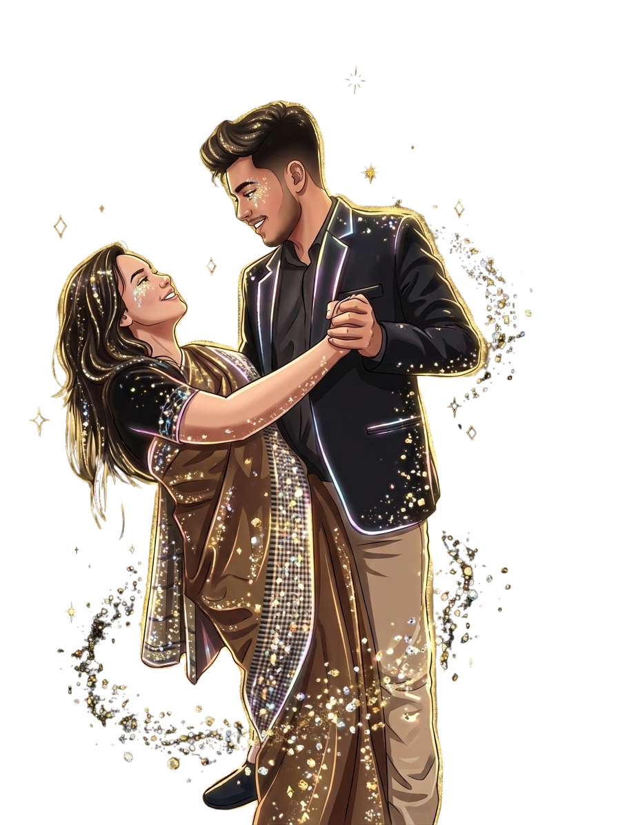 Vyom and Bhawana, illustrated, dancing